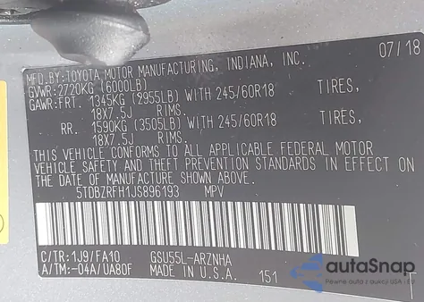 2018 Toyota Highlander Le Plus из США, поврежденный, VIN 5TDBZRFH1JS896193